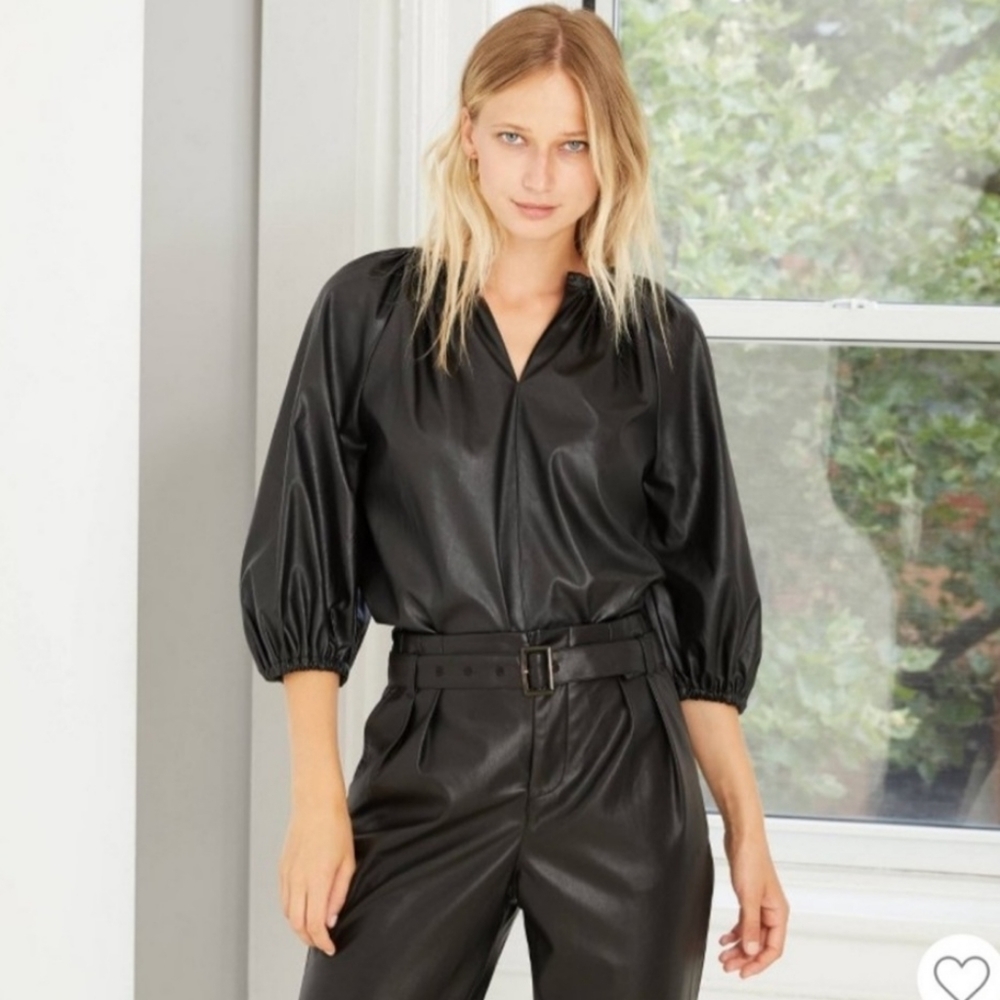 Women's Small Jet Black Faux Leather Blouse